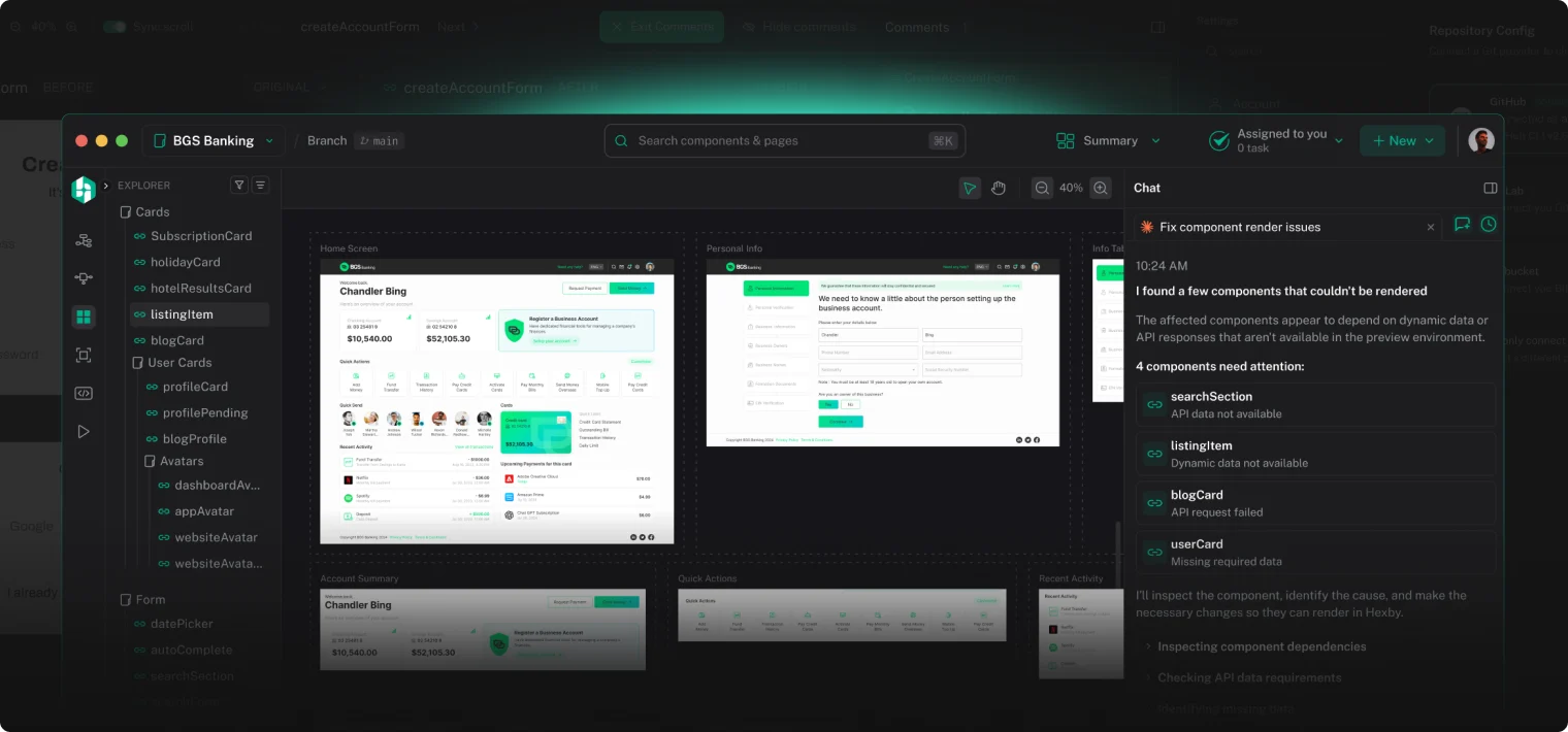 Hexby canvas showing rendered screens from a codebase with the component chat panel