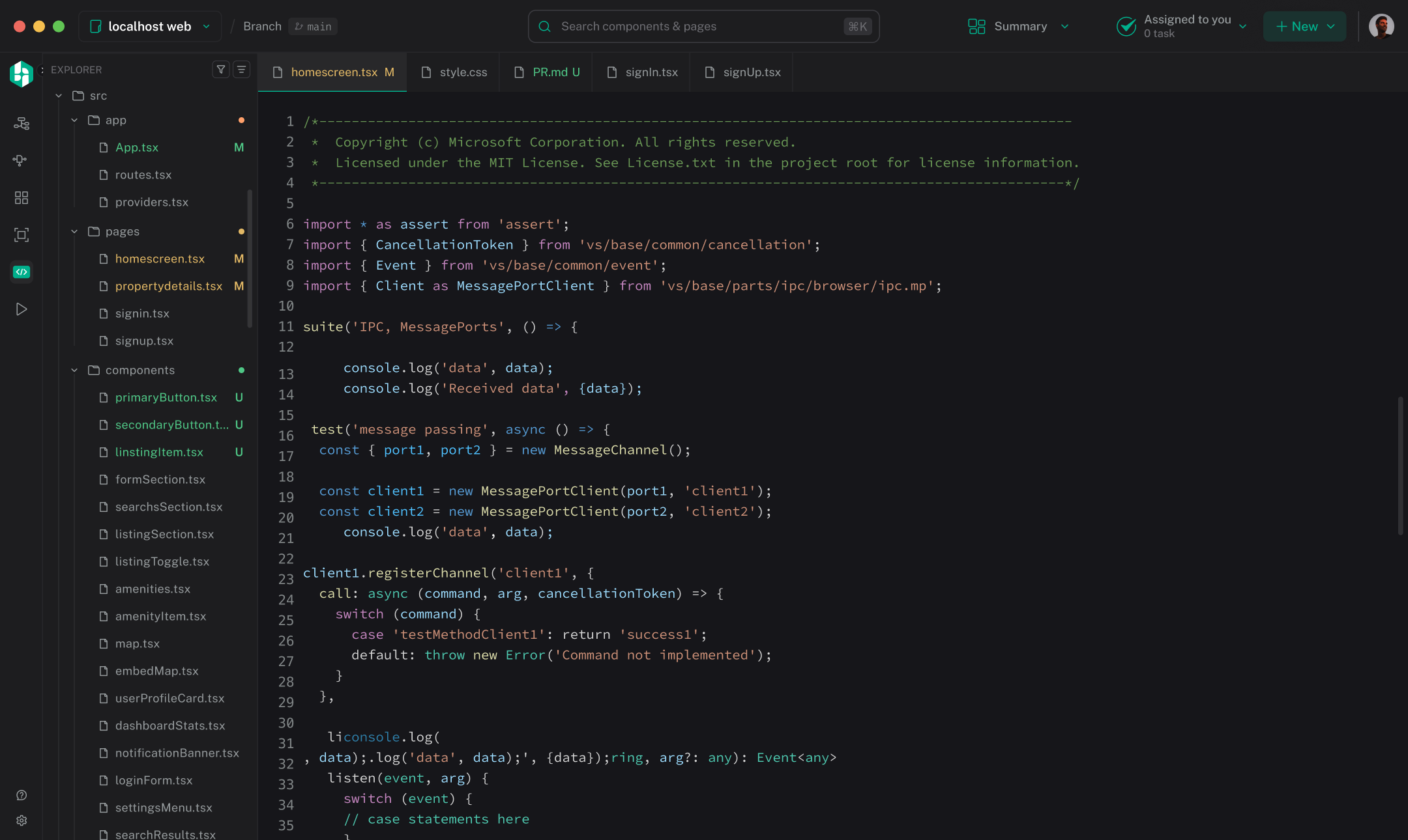 Hexby code editor showing the project file tree and a tabbed source file