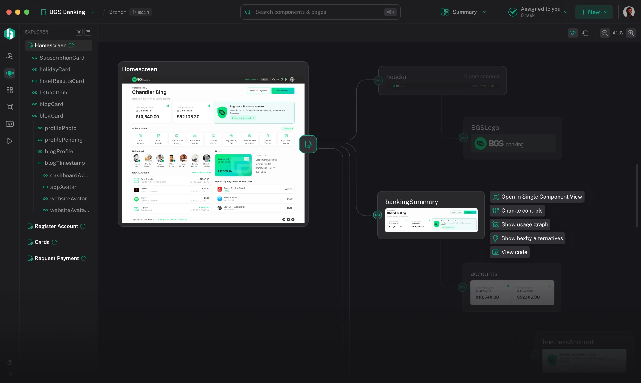 Hexby Pages view showing a home screen and its connected dependencies on the canvas