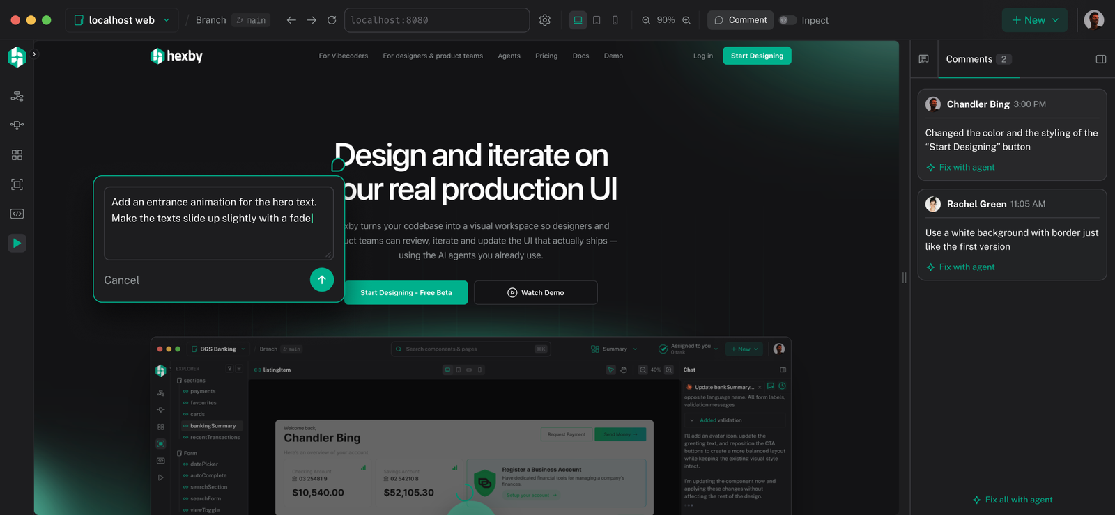 Hexby marketing website hero: Design and iterate on your real production UI