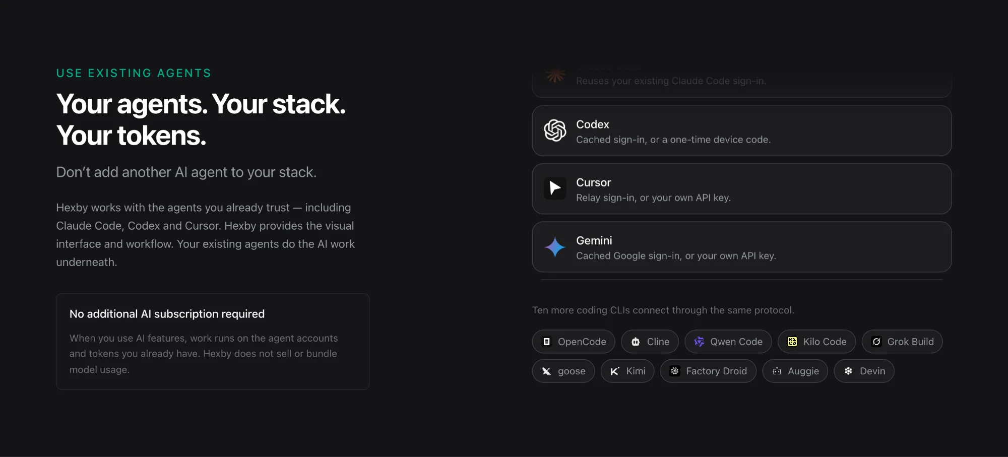 Hexby website Use existing agents section listing supported AI agents