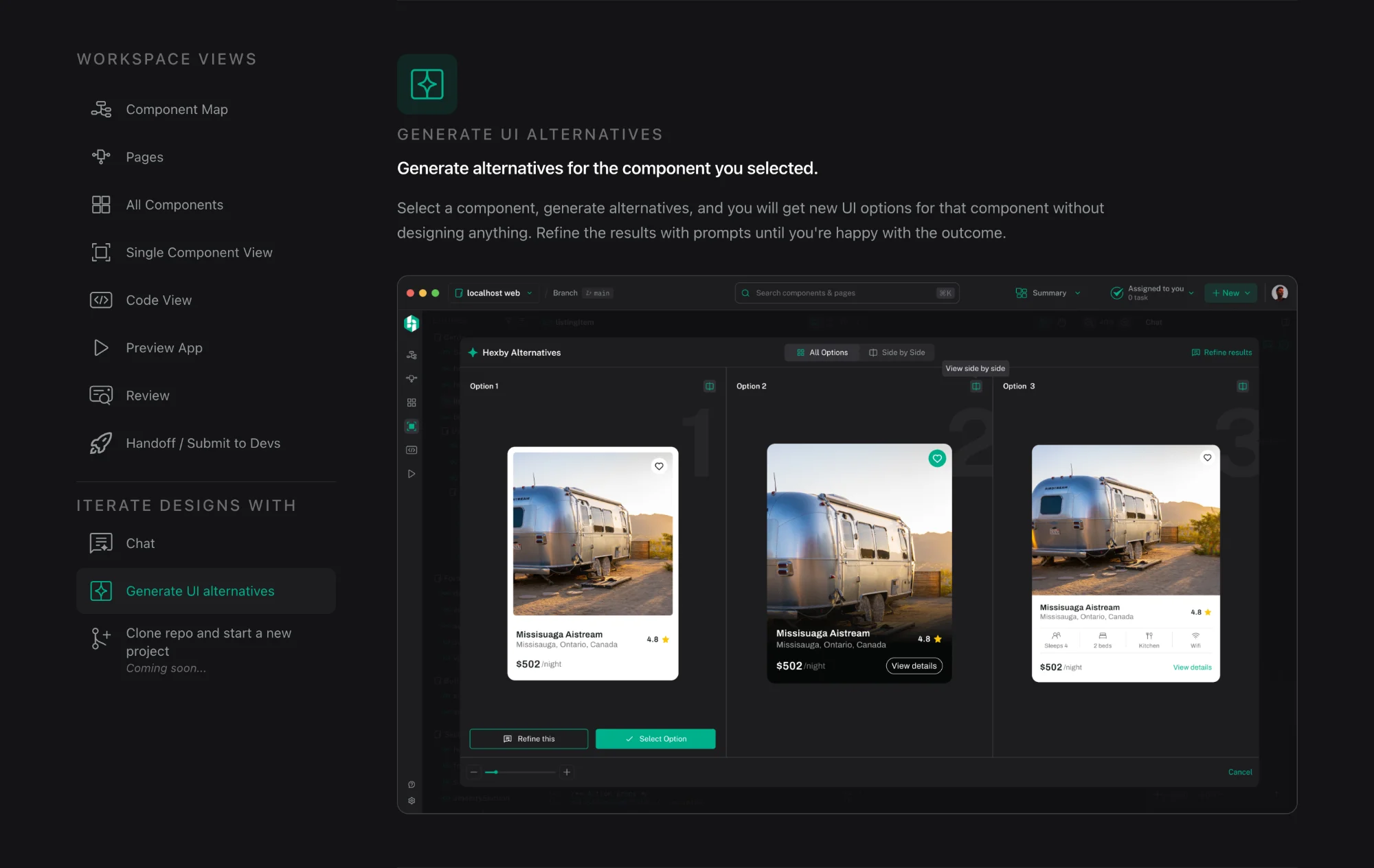 Hexby website Generate UI alternatives section showing three card options