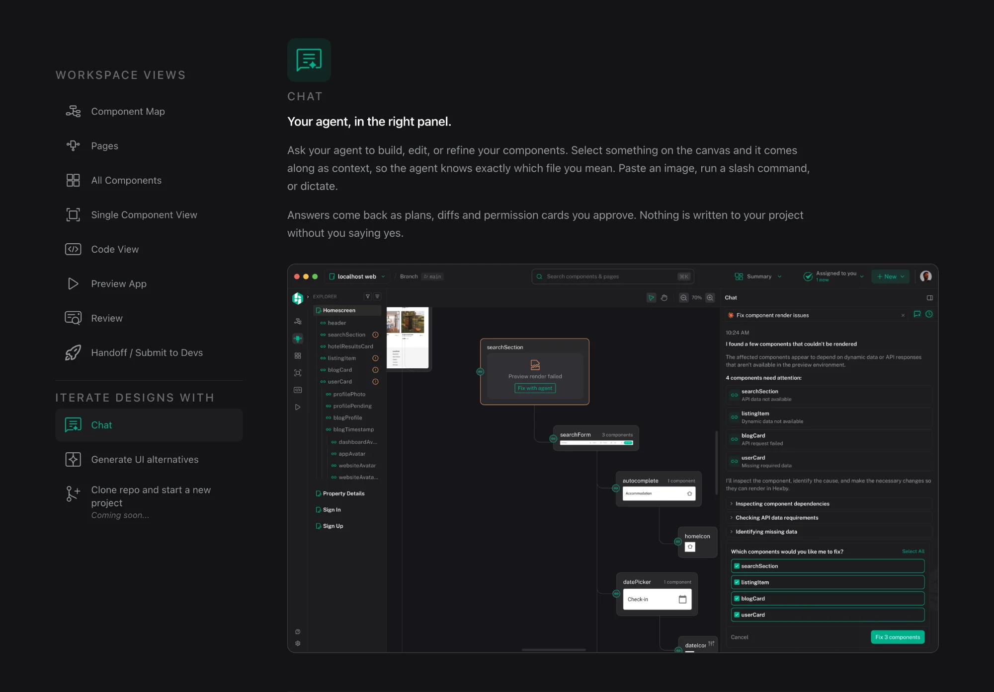 Hexby website Chat section with the workspace views menu and the agent panel fixing components