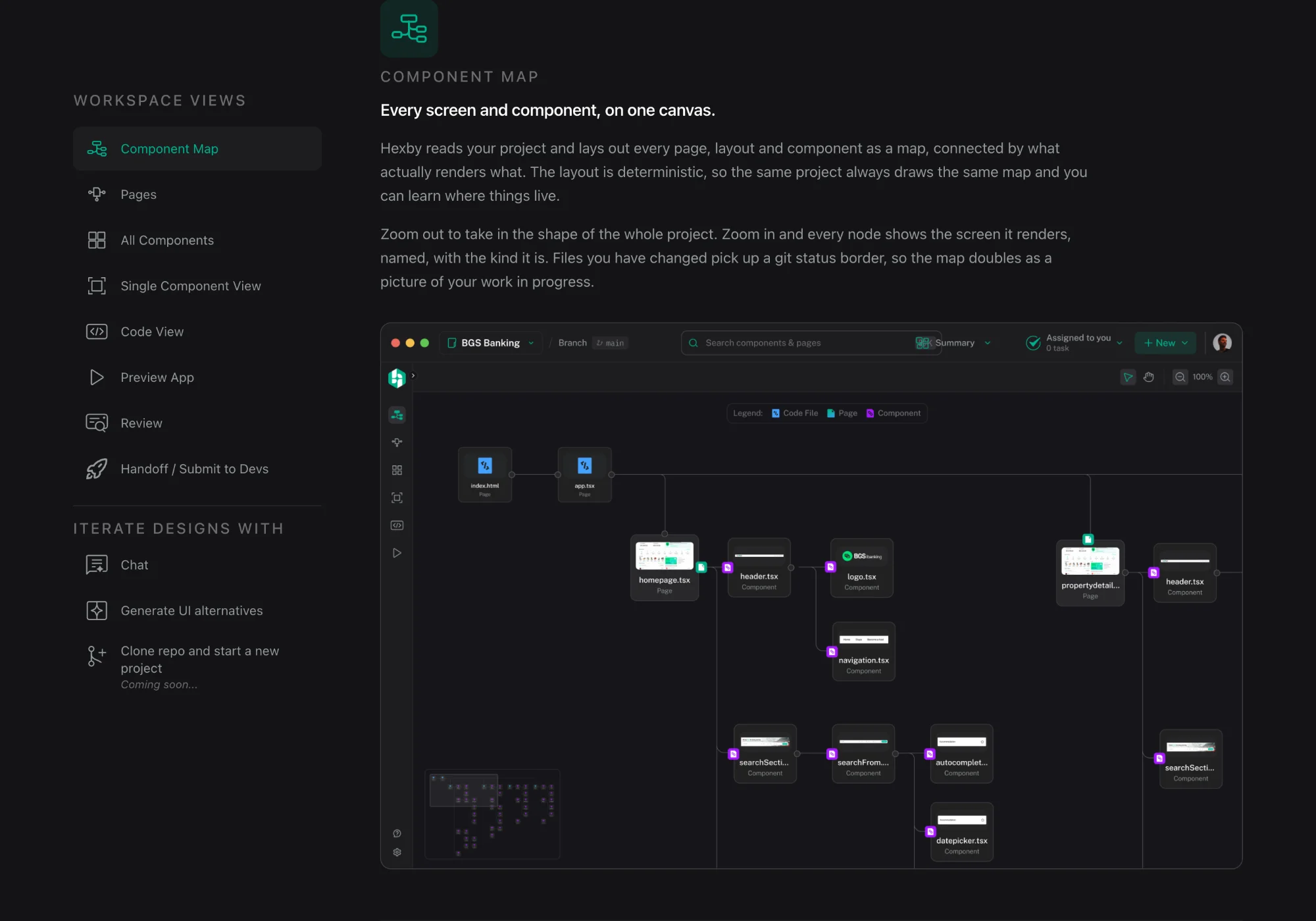 Hexby website workspace section showing the Component Map view