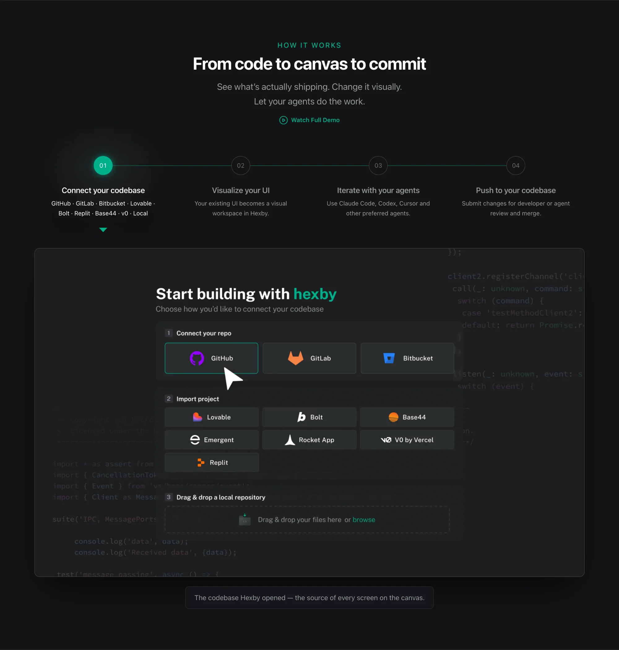 Hexby website How it works section with a four-step stepper and the connect codebase screen