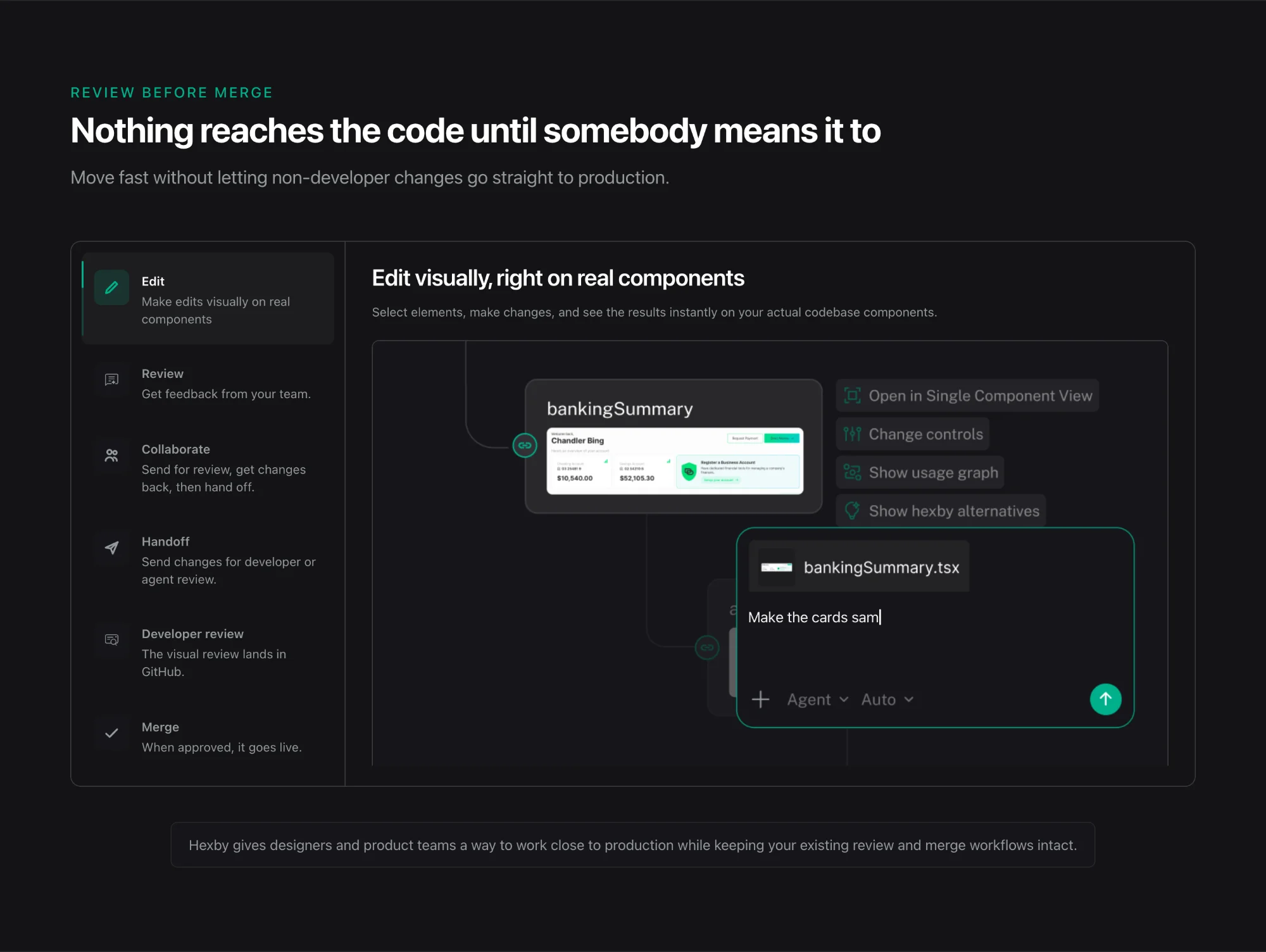 Hexby website Review before merge section with tabbed workflow and a typing prompt