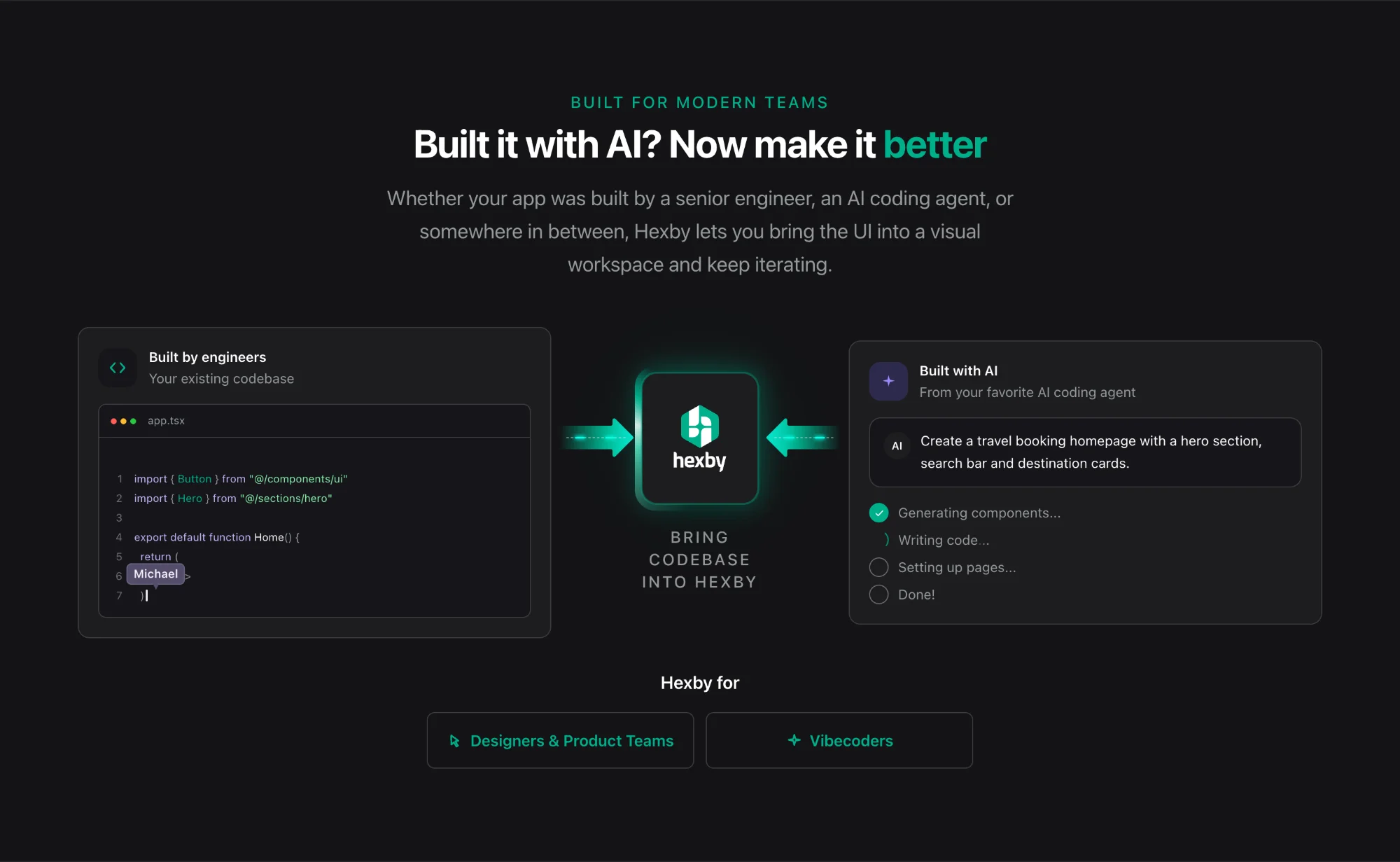 Hexby website Built for modern teams section with code and AI panels flowing into Hexby
