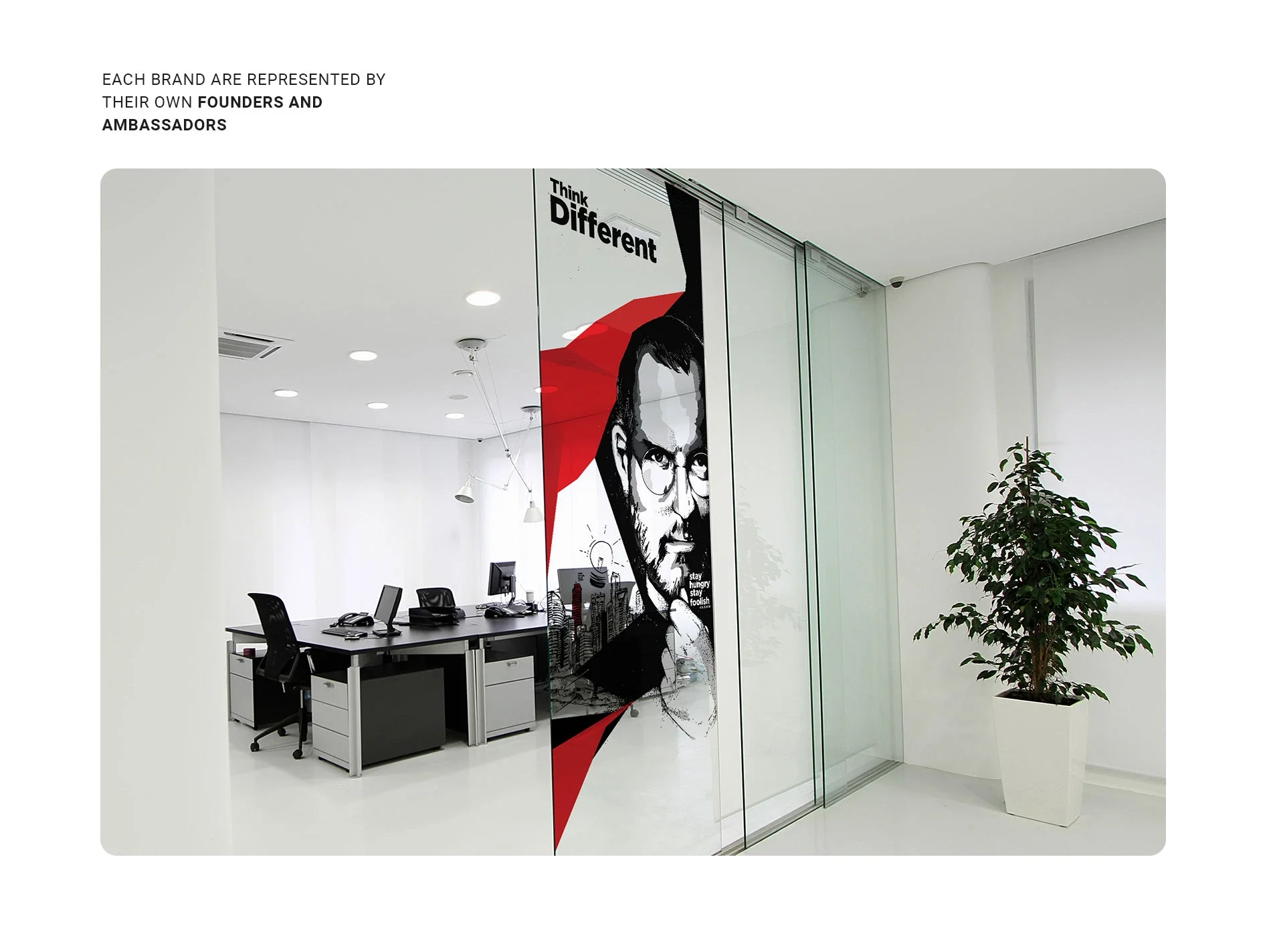 Think Different — Steve Jobs vinyl on a glass office door