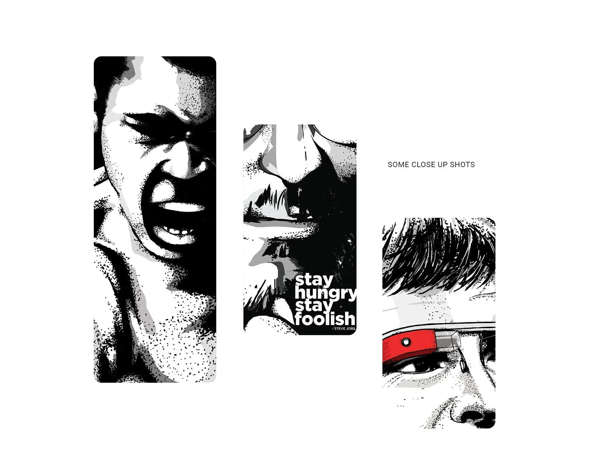 Close-up crops of the Ali, Jobs, and Page wall art